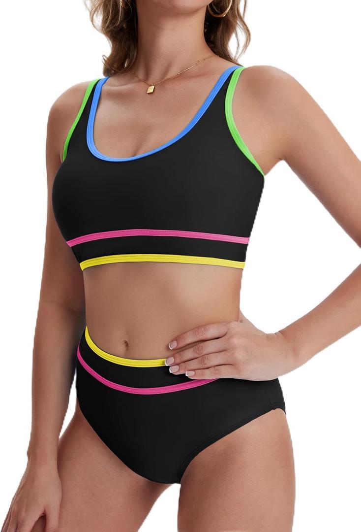 karrack Womens High Waisted Bikini Sets Sporty Two Piece Swimsuits Color Block Cheeky High Cut Bathing Suits (XL)