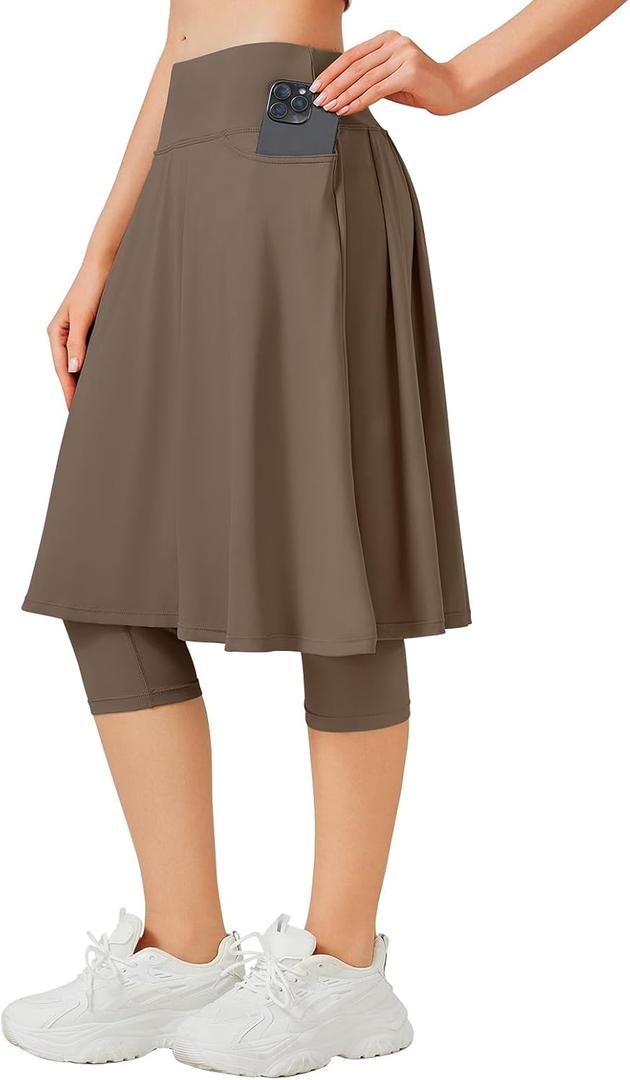 ANIVIVO 24" Long Knee Length Skirted Leggings for Women, Athletic Pleated Skirt with Leggings Workout Skirt Pockets (X-Large, Brown-front Pocket)