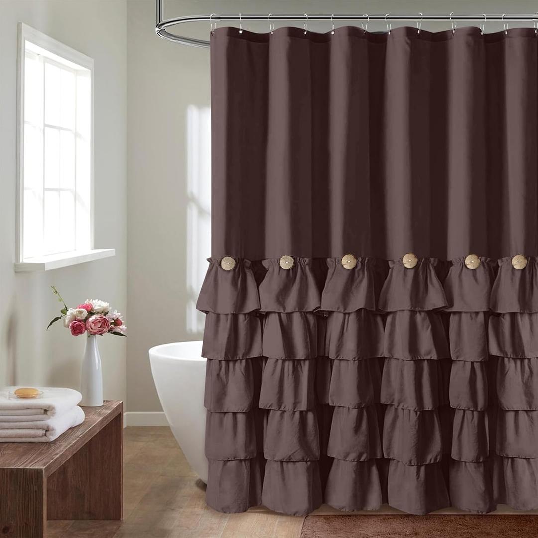 Seasonwood Brown Shower Curtains for Bathroom Dark Brown Ruffle Shower Curtain with Natural Buttons Farmhouse Style Microfiber Fabric Shower Curtains (Brown) (72"W x 72"L (Pack of 1))