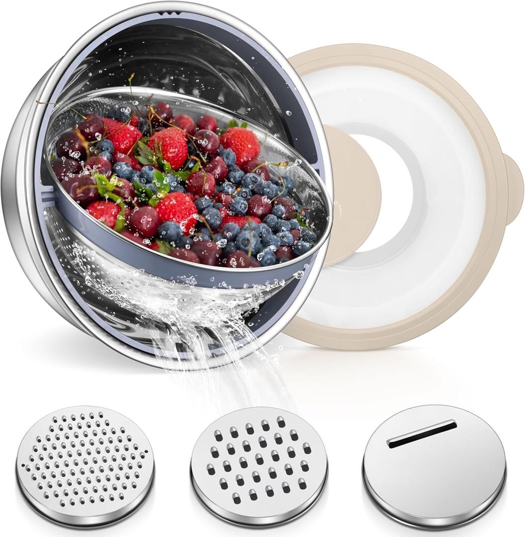 TeamFar 4-1 Colander with Bowl Set, Rotatable Colander for Kitchen, Stainless Steel Food Strainers and Colanders Mixing Bowl with Graters, for Veggies Fruits Washing, Pasta Straining - Khaki