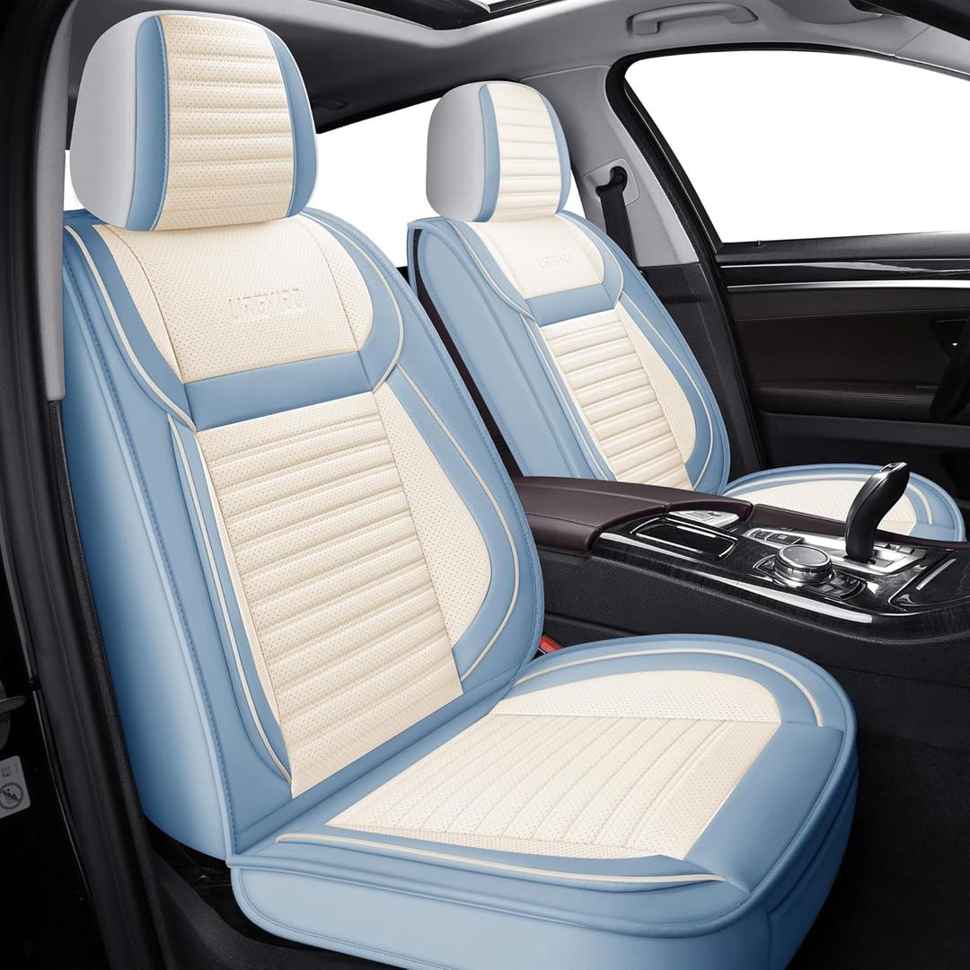LINGVIDO Universal Car Seat Cover, Breathable and Waterproof Faux Leather Automotive Seat Covers for Cars SUV Sedan (Full seat, White & Light Blue) (Full set)