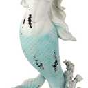 Mermaid Figurine Statue Distressed Whitewashed Coastal Decorative Coral Base Pieces Decor Collection for Home Bathroom Living Room Garden Patio Desk 15 Inches Tall