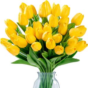 Sggvecsy 30 Pcs Fake Tulips Artificial Flowers Real Touch PU Faux Flowers Tulip Stems for Wedding Spring Bouquet Floral Arrangement Home Party Office Decorations for Mother's Day (Dark Yellow)