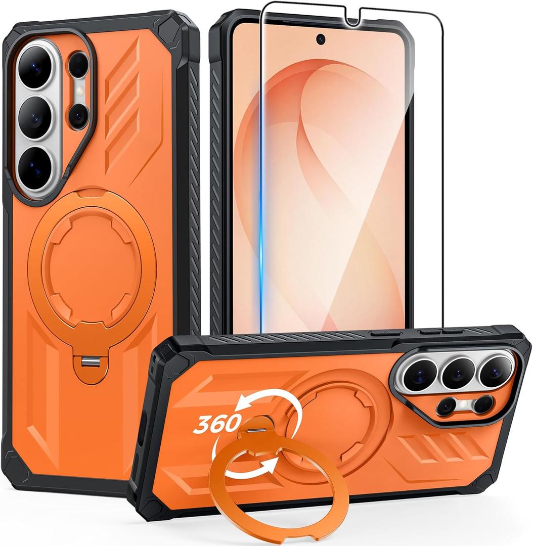 FNTCASE for Samsung Galaxy S26-Ultra Case: [360 Spin Magnetic Ring Kickstand] [Compatible for MagSafe] [Screen Protector] Heavy Duty Military Grade Protection Protective Phone Case with Stand Orange