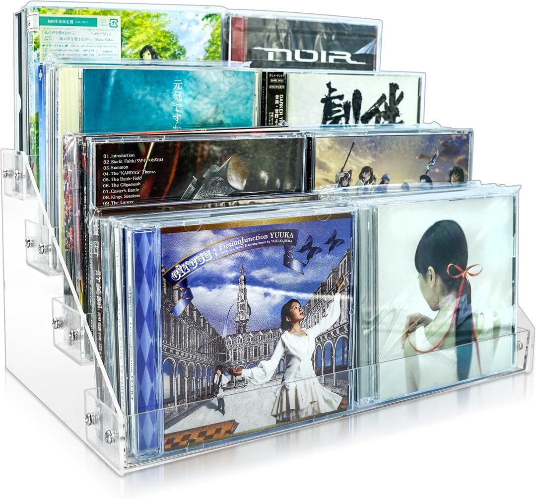 4Tier Clear Acrylic CD Holder  Cascading CD & DVD Storage Rack with Vinyl Record Stand  Holds up to 32 Cases (Large, Clear)