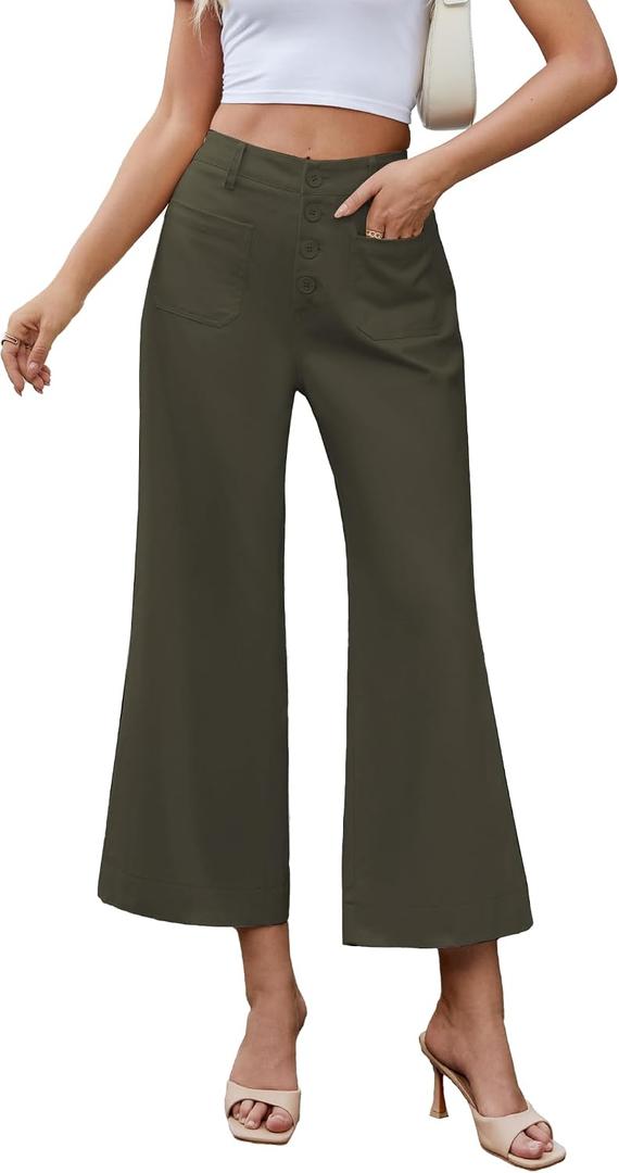 Famulily Womens Button Down Wide Leg High Elastic Waisted Capri Pants Casual Dressy Cropped Pants with Patch Pockets, XL