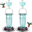 Kingsyard 2 Pack Glass Hummingbird Feeder for Outdoors, 16 Oz Wild Bird Feeder with 6 Feeding Ports Hanging for Garden Yard, Green (Ant Moat Included)