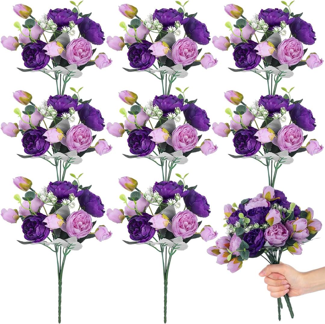 Yunsailing 8 Pack Artificial Peony Flowers Faux Silk Hydrangea Bouquet Wedding Home Table Decor Reusable Bouquet of Rose Flower for Birthday Wedding(Dark Purple Peach Pink)