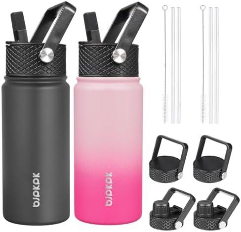 BJPKPK 2 Pack Insulated Water Bottles with Straw Lids, 18oz Stainless Steel Metal Water Bottle with 6 Lids, Leak Proof BPA Free Thermos, Cups, Flasks for Travel, Sports (Cherry+Black)
