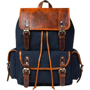 Leather Canvas Backpack Durable Vintage Large Travel Laptop Bag for Men & Women Work Hiking School (Navy Blue)