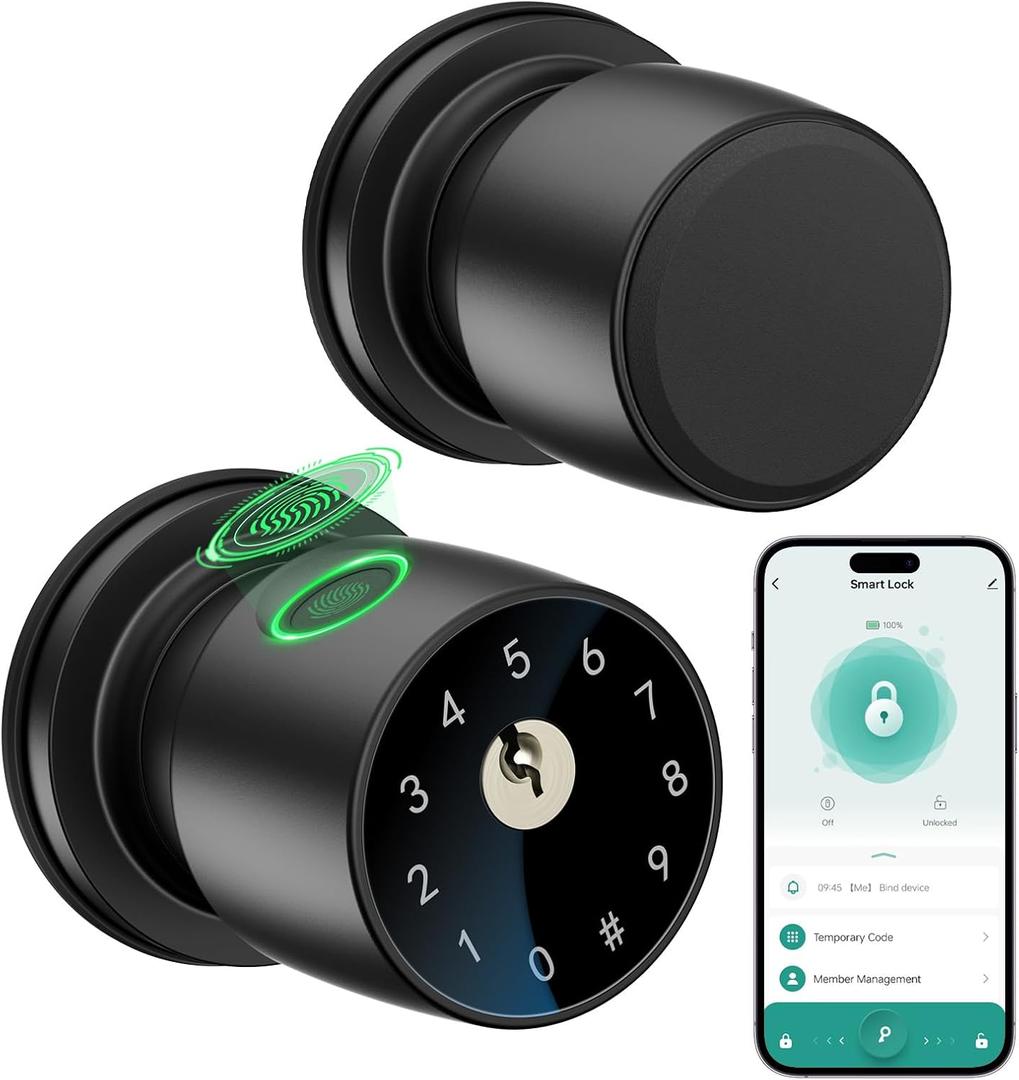 IRONZON Fingerprint Door Knob for Bedroom - 291Y 4-in-1 Keyless Bedroom Door Knob Smart Lock with App, One-tap Privacy Mode Setup, Auto-Lock Easy to Install - Matte Black