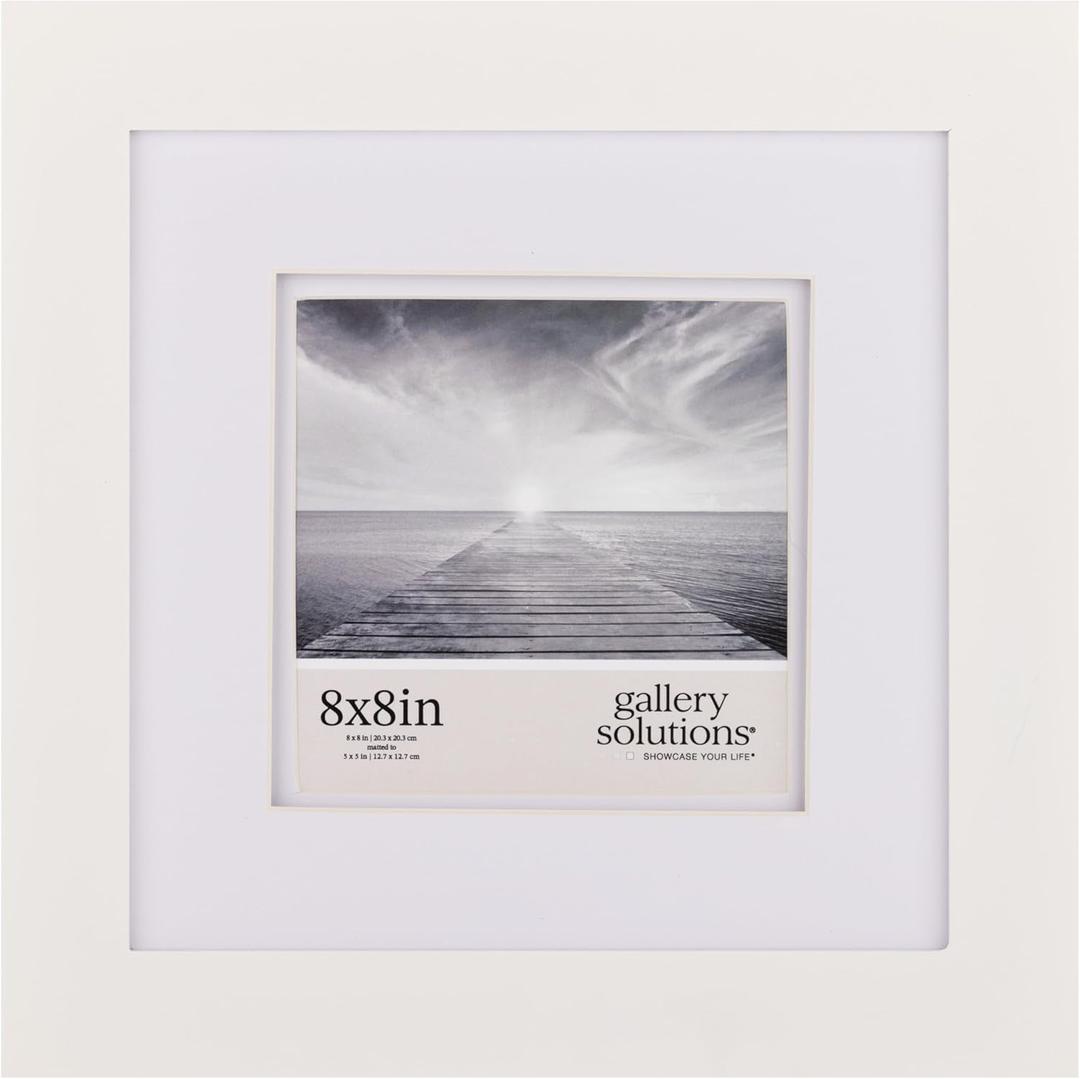 Gallery Solutions - 8"x8" Wall Mount/Tabletop Picture Frame - Double Mat - Matted to 5"x5" -White - Versatile Display Option for Your Cherished Memories - Square Tabletop - White Poster Frame