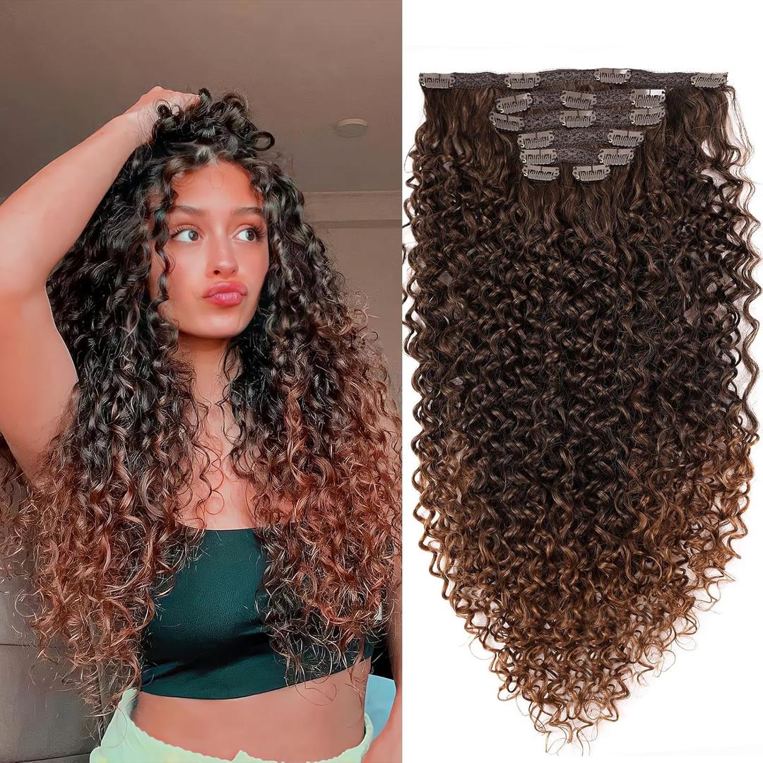Clip In Curly Hair Extensions - 140G 7Pcs Synthetic Ombre Honey Blonde hair Extensions Jerry Curly Hair Extensions for Black Women clip in extensions Hairpieces (MT4/30# 24 Inch)(Pack of 7) (24 Inch, Ombre Honey Blonde)