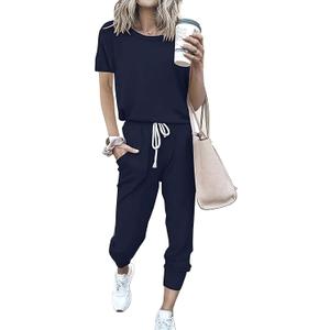 PRETTYGARDEN Women Summer Two Piece Outfits Striped Short Sleeve Pullover and Long Pants Tracksuit Travel Pajama Lounge Set (X-Large, Solid Navy)