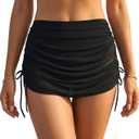 Leoparts Womens Mesh Swim Skirt High Waisted Tummy Control Swimsuit Bottoms Ruched Drawstring Bathing Suit Bottom (Black, XL)