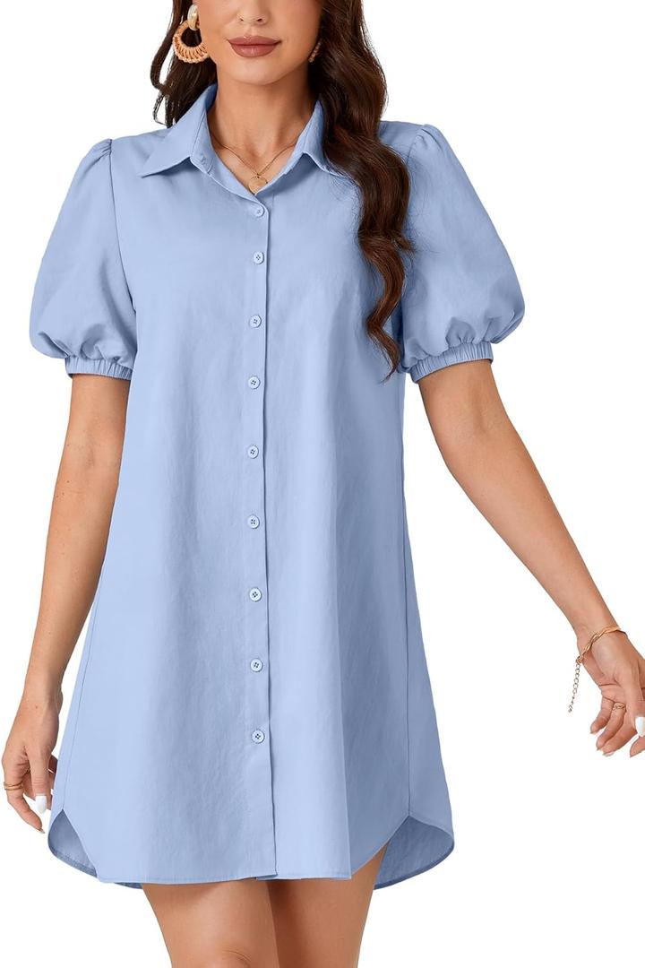 Rooscier Women's Collar Button Down Puff Short Sleeve Causal Mini Shirt Dress, XS Rooscier Women's Collar Button Down Puff Short Sleeve Causal Mini Shirt Dress, XS