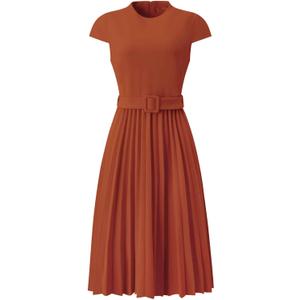Hobemty Women's Pleated Dress Mock Neck Cap Sleeve Belted A-Line Dresses, XXL