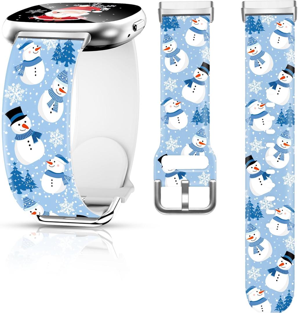 Christmas Fall Watch Band Compatible with Fitbit Versa 4 /Versa 3 /Sense 2 /Sense, Silicone Xmas Snowman Santa Holiday Theme Replacement Smartwatch Wristband strap for Women Men Girl