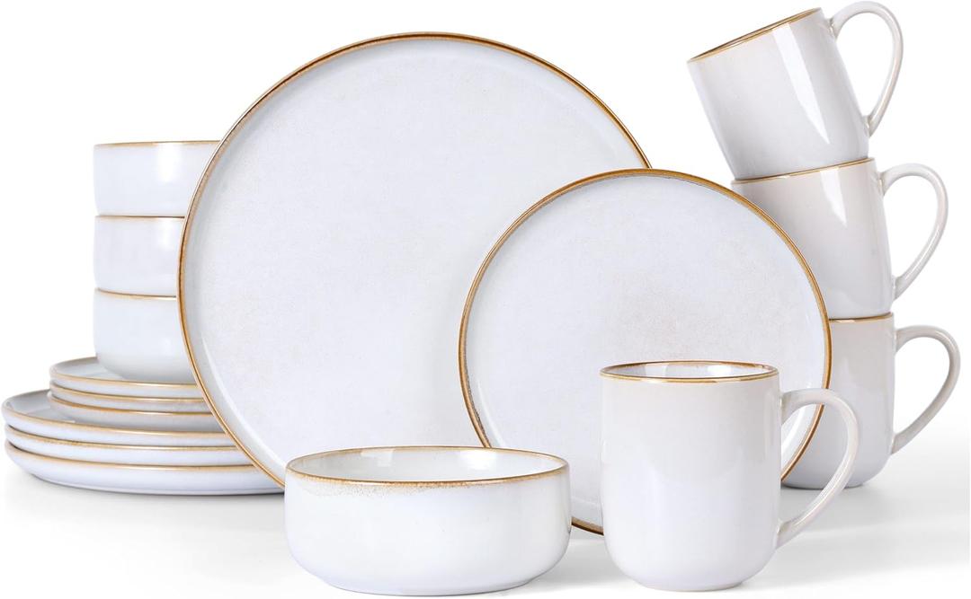 LIANYU 16 Piece Dinnerware Dish Sets for 4, Stoneware Plates and Bowls, Dishware Set with Dinner Salad Plates, Bowls, Mugs, Microwave & Dishwasher Safe, Pearl White