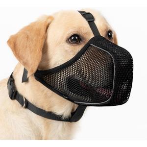 Mayerzon Dog Muzzle, Patented Mesh Soft Muzzles for Large Medium Small Dogs Poodle Husky Doberman Labrador Retriever for Scavenging Grooming Biting Chewing, Breathable Reflective Mussel with Collar (L-(Snout:10"-12"), Black)