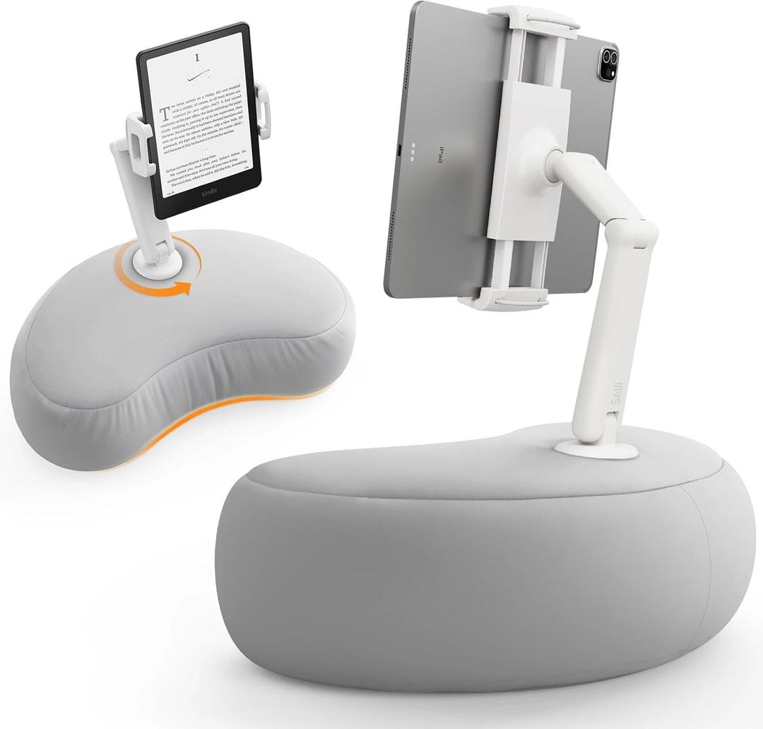 SAIJI Kindle Stand for Bed iPad & Tablet Pillow Holder with Flexible Dual Axis Arm & Microbead Cushion, 360 Adjustable Lap Beanbag Phone Holder Fits Devices with 4.7"15.6" Screens (Gray)