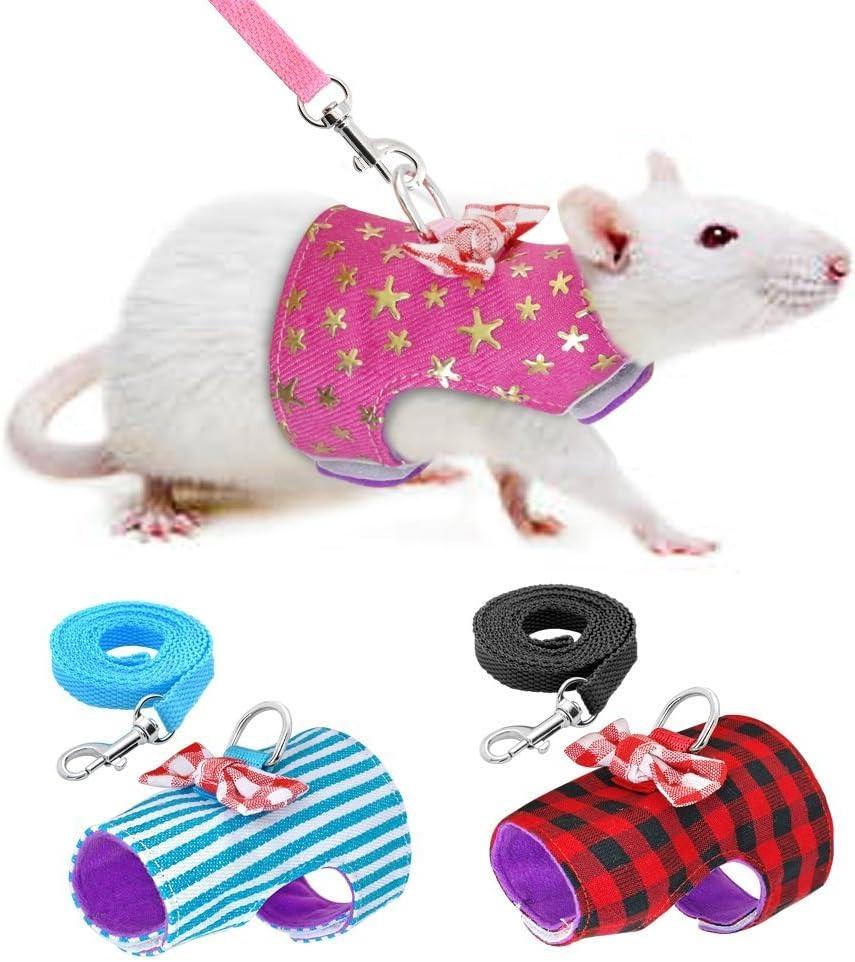 Stock Show Small Pet Outdoor Walking Harness Vest and Leash Set with Cute Bowknot Decor Chest Strap Harness for Rat Ferret Hamster Squirrel Clothes Accessory, Blue Stripe