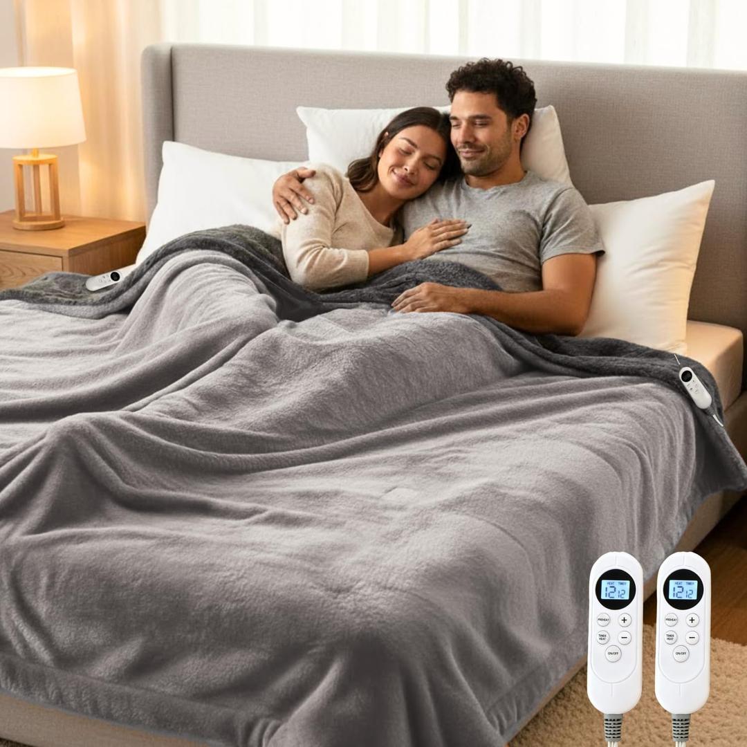 Heated Blanket Queen Size, 84"x90" Electric Heating Soft Dual-Sided Flannel Machine Washable Blanket, 12 Heat Levels & 12 Hours Auto Off, Soft Warm Flannel Blanket, Overheat Protection with ETL & FCC (Deep Gray & Light Gray)