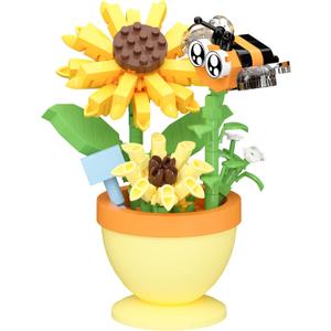 Bee Sunflower Mini Flower Cute Insects Potted Plant Bonsai Building Toy Blocks Particle Set Small Flowers Botanical