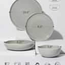 Pokini 24 Pieces Dinnerware Set for 6 with Pasta Bowls, Complete Ceramic Dish Set, Stackable & Glossy Stoneware Plate and Bowl Set for Effortless Everyday Hosting, Gray Green