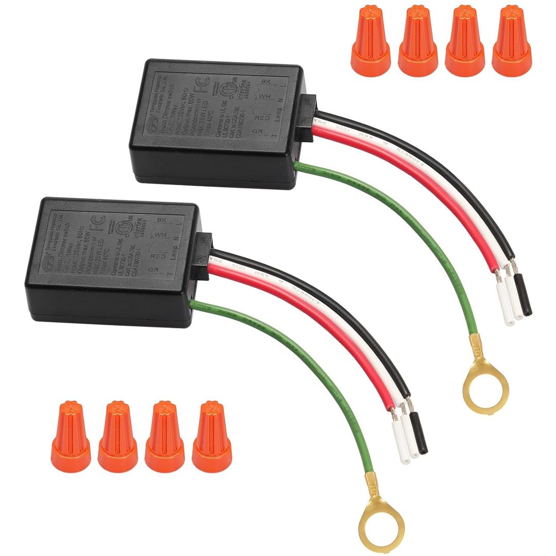 Touch Dimmer Switch 2 Pack, 3 Way Touch Control Modules, Replacement Sensor with 3 Levels Dimming Function, Desk Lamp Switch Repair Kits with Wire Caps, Fit Dimmable LED, Incandescent, Halogen Bulbs