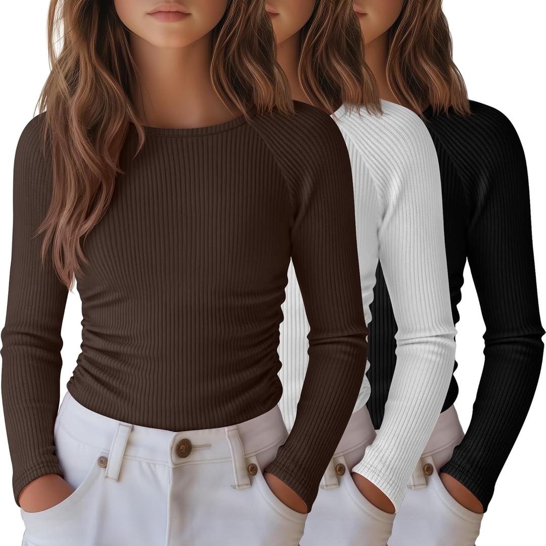 3 Pack Girls Long Sleeve Shirts Ribbed Knit Draw Pleats Tops Slim Fit Crew Neck Cotton Undershirts Cute Sizes 5-14 (11-12 Years, Black, White, Brown)