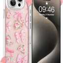 AIGOMARA Slim Frameless for iPhone 15 Pro Max Case, Cute Ribbon Bow Rose Design Clear Glitter Phone Case for Women Girls, Ultra-Thin Minimalist Borderless Hard PC Shockproof Case Cover, Pink