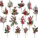 LOMIMOS 16Pack Artificial Christmas Red Berry Picks Assorted,Thick Pine Picks Fake Holly Bough Stems with Pinecones Needles Branches Fake Berries for Xmas Tree Decoration Crafts Wreath Garland Dcor