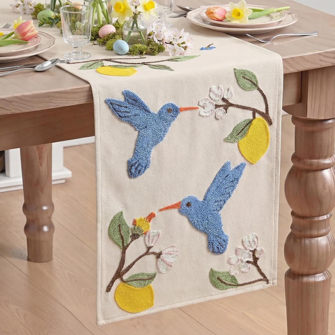 Artoid Mode Beige Soft Chain Embroidery Flower Bird Lemon Spring Table Runner, Seasonal Summer Kitchen Dining Table Decoration for Home Party Decor 13x72 Inch