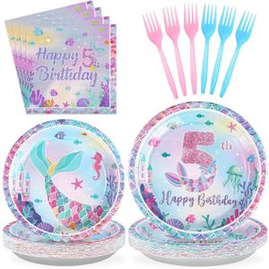 Grencian 96Pcs Mermaid Birthday Party Decorations Mermaid 5th Birthday Plates and Napkins Disposable Tableware Set for 5 Year Old Girl Little Mermaids Party Supplies Decorations Serves 24