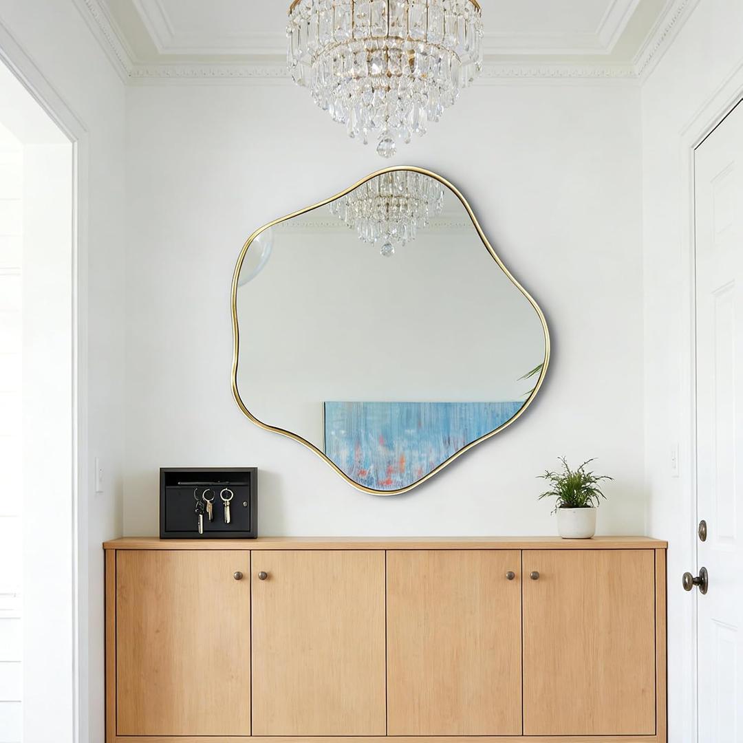 Irregular Round Mirror, 28" Scalloped Mirror with Gold Metal Frame, Modern Asymmetrical Wall Mirrors Decorative, Wavy Shaped Mirrors for Living Room Bathroom Bedroom Hallway Entryway