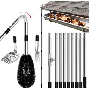 13.12FT Adjustable Gutter Cleaning Tool with 180 Swivel Head, Gutter Rake, Cleaning Shovel  Ladder-Free Cleaner Pole for Leaves, Debris, and Cobwebs