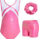 JiAmy Gymnastics Leotards for Girls with Shorts Sparkly Ballet Dance Outfit, 11-12 Years, Rose Red Diamond Set