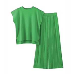 Women Knit 2 Piece Sweater Sets Pullover Tops High Waist Wide Leg Pants Lounge Set (XS, Green)