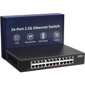 YuanLey 24-Port 2.5G Ethernet Switch, Unmanaged 2.5Gbps Network Switch with 242.5G RJ45 Ports, 120Gbps Switching Capacity, Fanless Metal Design, Desktop/Rackmount 2.5G Switch for NAS, PC & WiFi 6 AP
