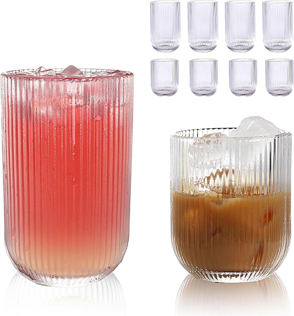 Set of 8 Ribbed Glassware,4 Highball Glasses 14oz & 4 Rocks Drinking Glasses 9oz, Clear, Origami Style, Fluted Design, for Milk, Water, Cocktail, Juice, Beer, ToothBrush Cup, Gift