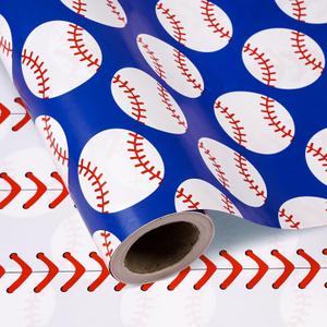 WRAPAHOLIC 30 Inch Reversible Baseball Wrapping Paper Roll - 30 Inch x 33 Feet - Classic Sports Baseball and Red Stitching Design for Birthday, Baby Shower, Party, Holiday