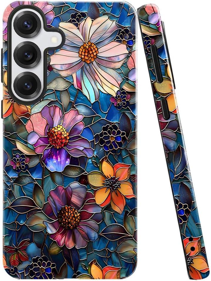 Case for Samsung Galaxy S25,Colorful Floral Flower Art Phone Case Drop Resistant Glossy 2 in 1 Solid Dual-Layer Cover for Girl Women
