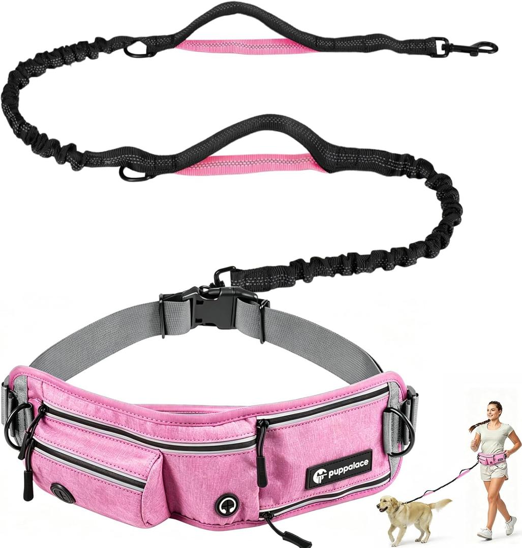 Hands Free Dog Leash with Waist Pack Bungee for Running Pink