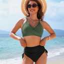 Blooming Jelly Womens High Waisted Bikini Sets Drawstring Tummy Control Swimsuits Crisscross Tie Back Bathing Suit (Green, M)