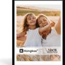 Hongkee 12x16 Picture Frame, Made of Solid Wood with Real Glass, Display Pictures 11x14 with Mat or 12 x 16 without Mat - Wall and Tabletop (Black, 1 Pack)
