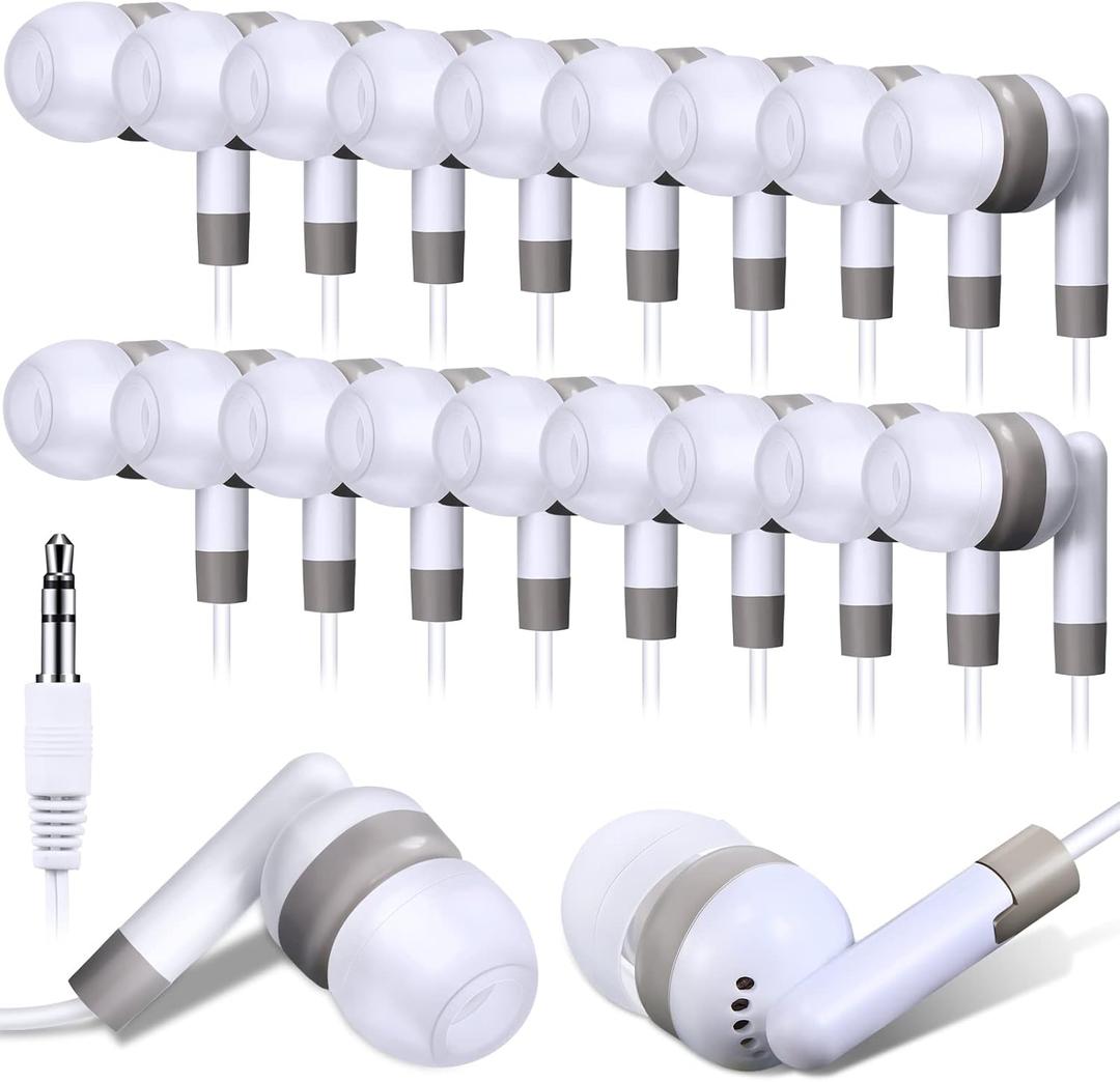 Konohan 100 Pcs Bulk Earbuds with Wire Basic Headphones in Ear for Libraries Laptop, No Microphone 3.5 mm Jack Earbuds Dot Headphones, Individually Bagged (White)