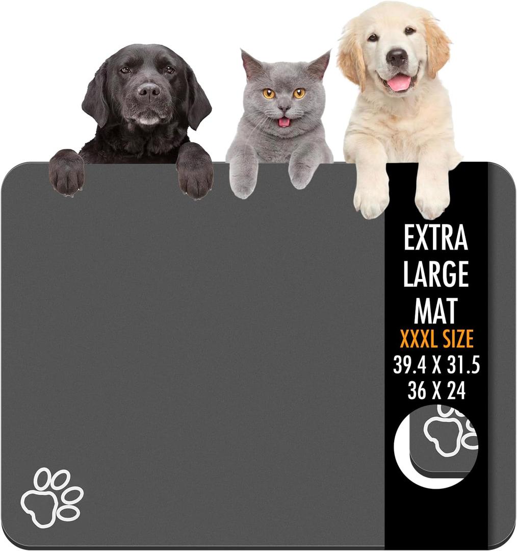 Dog Food Mat, 36" x 24" Extra Large Absorbent Dog Mat for Food and Water, Non Skid Cat Bowl Mat, No Stains Quick Dry for Pet Water Dispenser Pet Supplies for Messy Drinkers (Dark Grey)