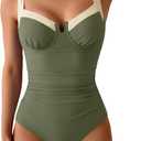 B2prity Women's Underwire One Piece Swimsuits Tummy Control Bathing Suits Push Up Swim Suit Color Block Swimwear (Large, Army Green, White)