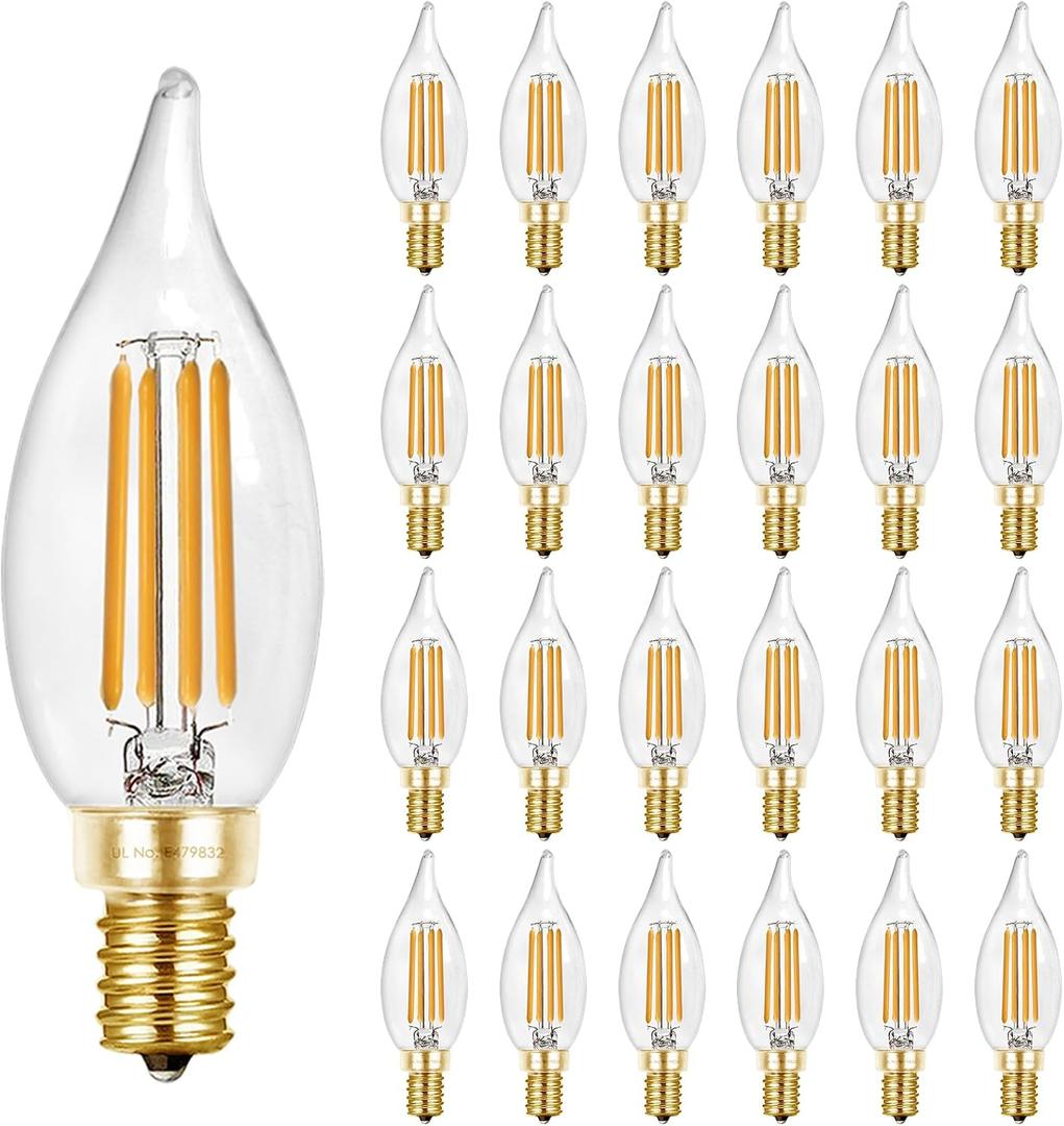 2 x Hizashi E12 LED Bulb 40W Equivalent Candelabra Bulbs Dimmable 2700K Warm White, 90+ CRI Chandelier Light Bulbs, 4W 450LM Flame Tip CA10 Candle Light Bulbs, UL Listed - 24 Pack